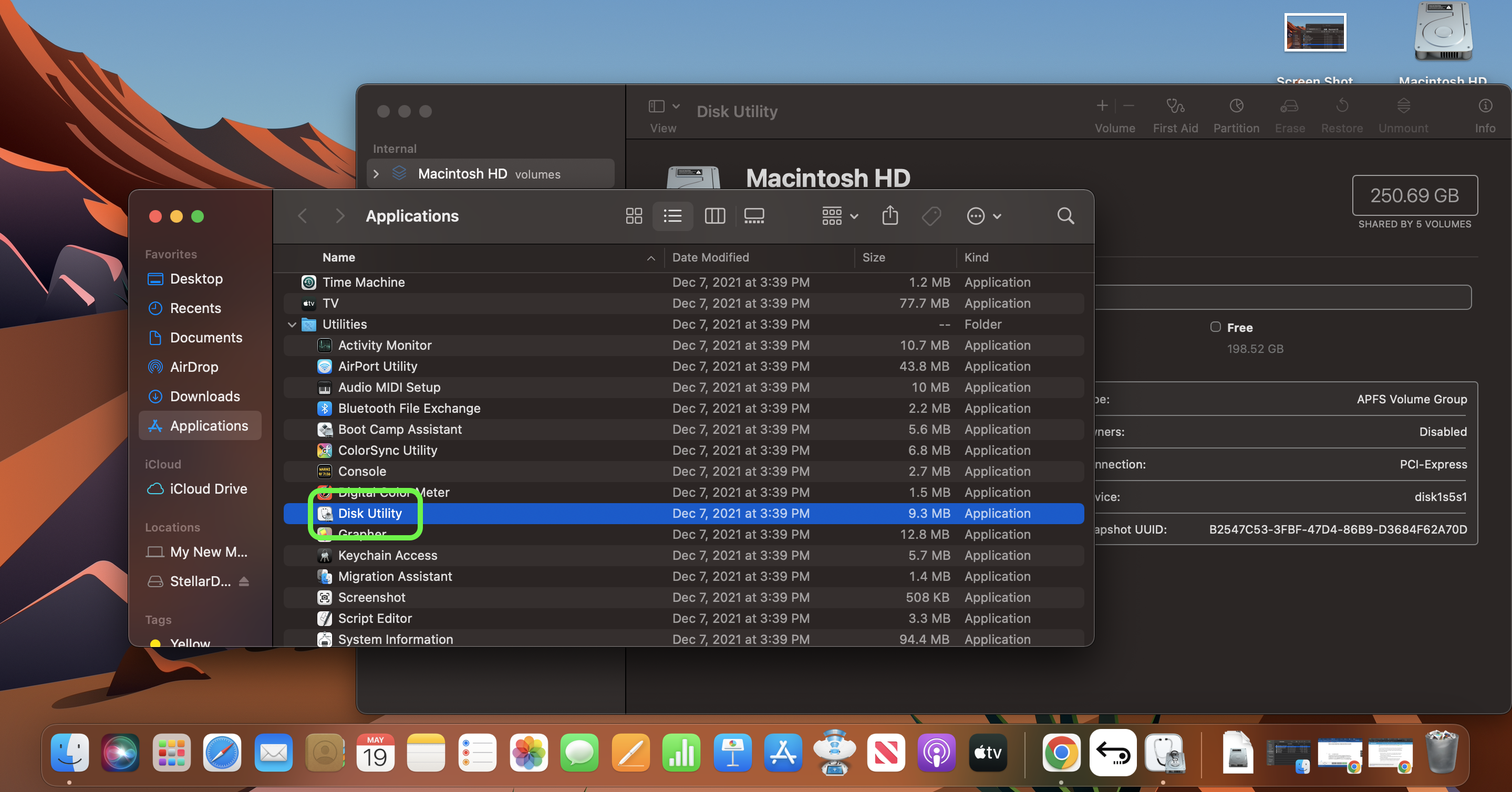 macOS desktop showing Disk Utility highlighted in Utilities folder