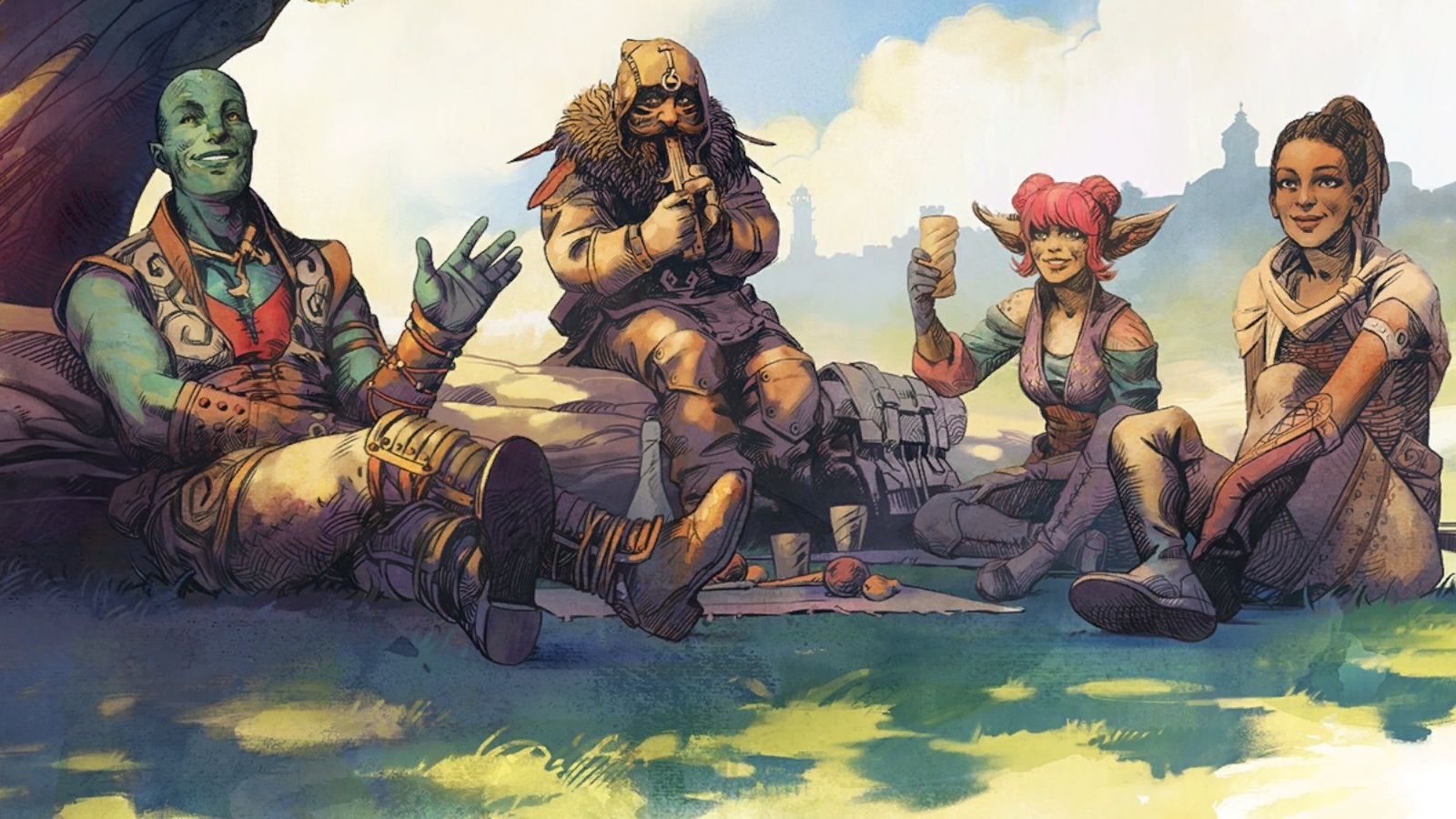 Avowed companions having a picnic and toasting the viewer.