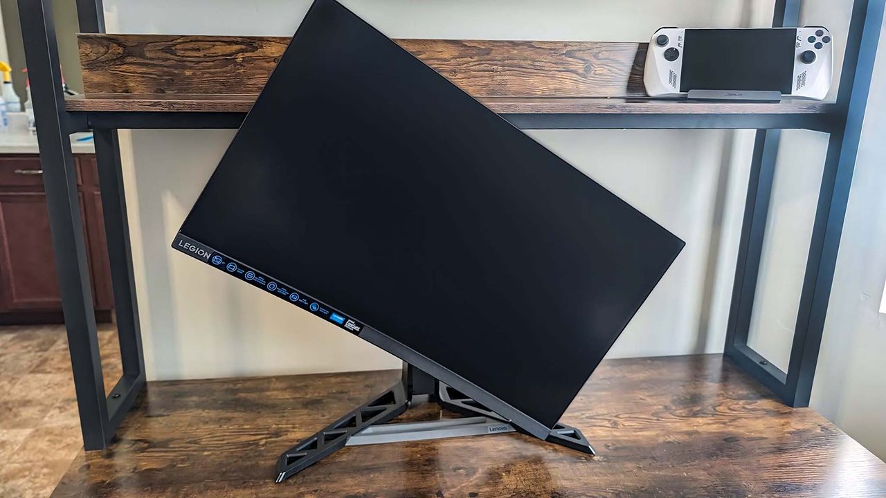 Lenovo Legion R27fc-30 tilted at a sharp angle.