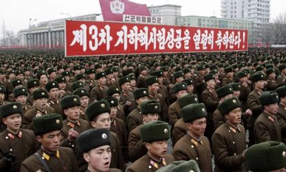 North Korean soldiers attend a Feb. 14 rally at Kim Il Sung Square to celebrate the success of the country's recent nuclear test.