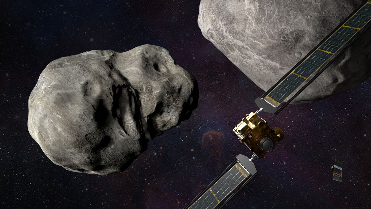 An artist&#039;s illustration of NASA&#039;s DART spacecraft prior to impact at the Didymos binary asteroid system.