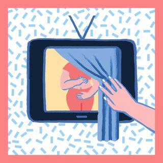 Drawing of a woman on a TV, covered by a curtain
