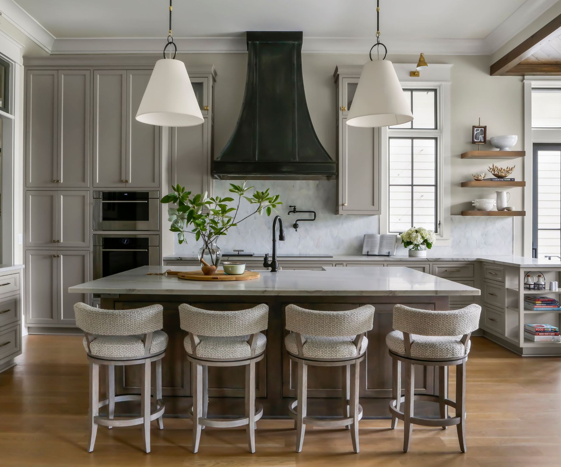 Grey chairs, kitchen island