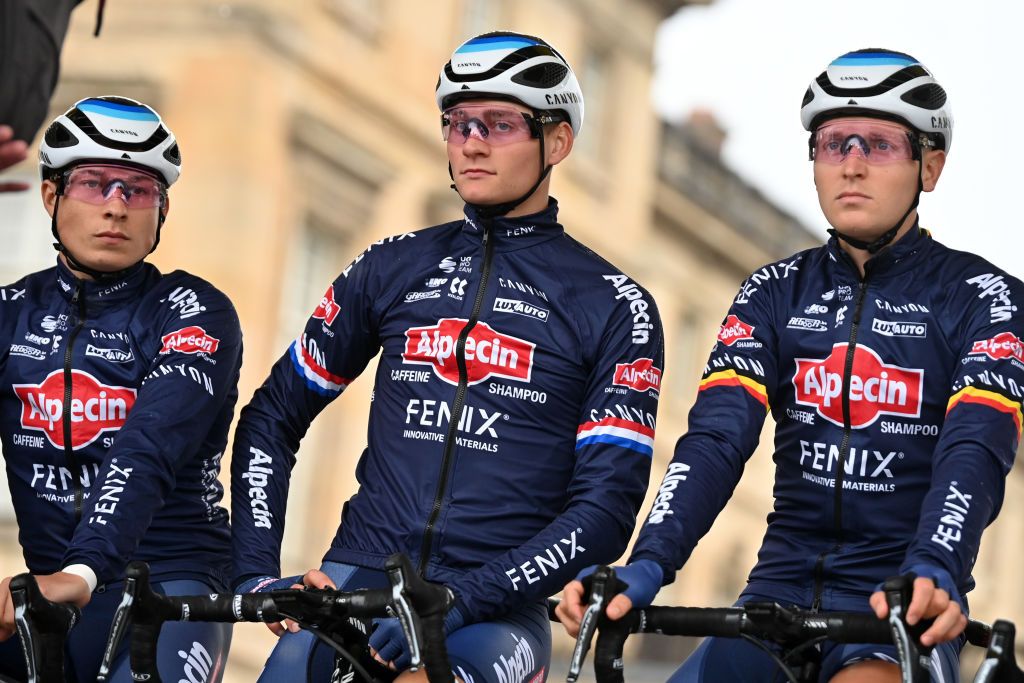 Jasper Philipsen, Mathieu van der Poel, and Tim Merlier of Alpecin-Fenix at the start of Paris-Roubaix