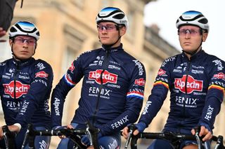 Jasper Philipsen, Mathieu van der Poel, and Tim Merlier of Alpecin-Fenix at the start of Paris-Roubaix