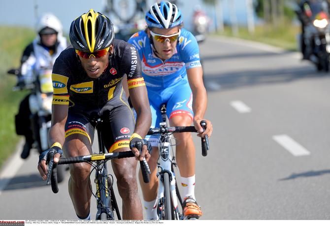 Daniel Teklehaimanot (MTN-Qhubeka) on the attack with Laurens De Vrees (Wanty)