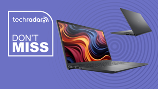 Dell 15 laptop on a purple background next to a TechRadar badge reading 'Don't Miss'