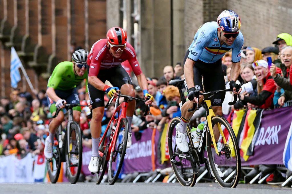 Tadej Pogačar (Slovenia), Mads Pederson (Denmark) and Wout Van Aert (Belgium) in the chase group