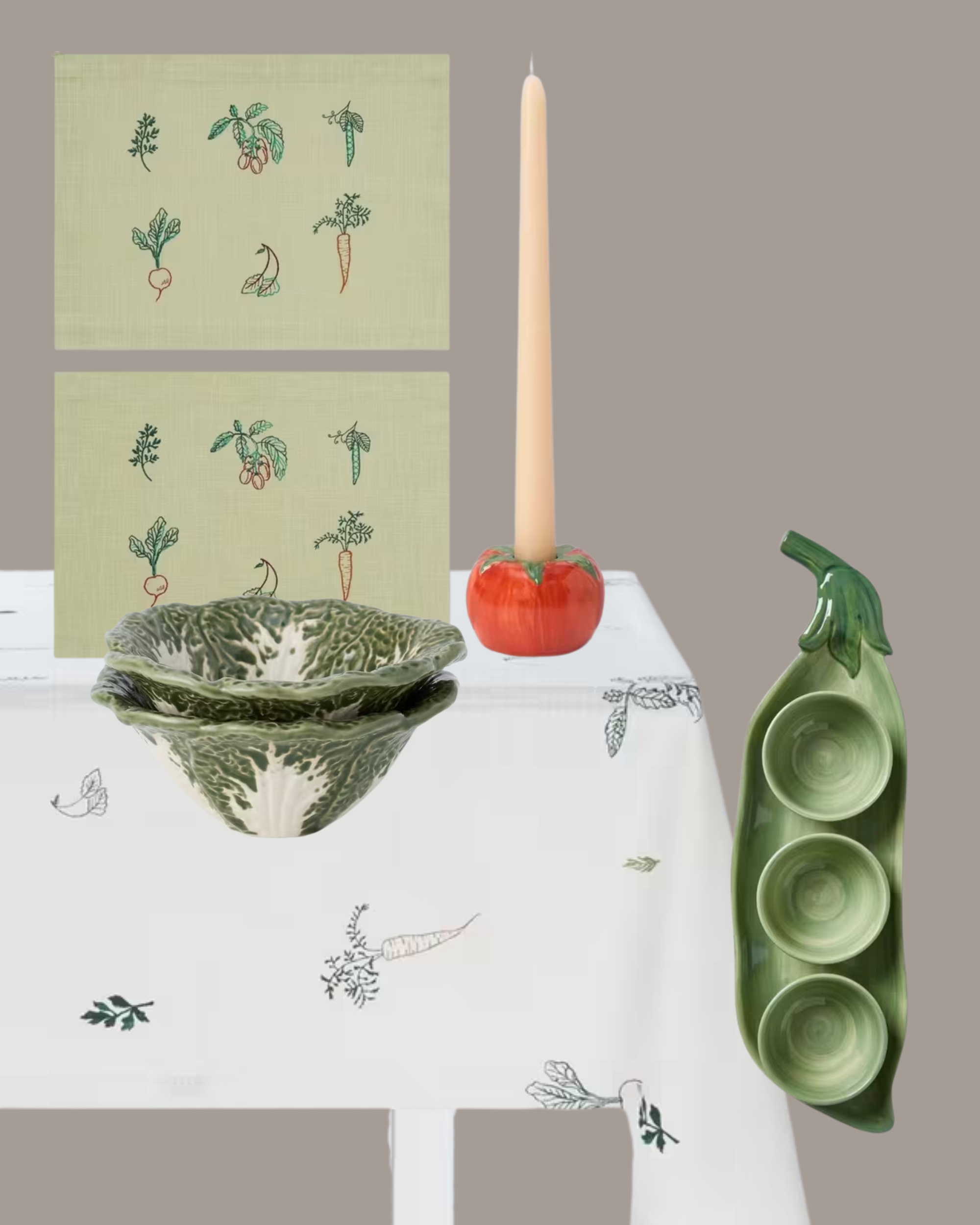 Image of different vegetable-themed tableware in front of a dark beige background