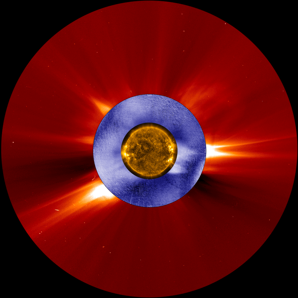 This GIF shows a CME as seen by two space-based solar observatories and one ground-based instrument. The image in gold is from NASA’s Solar Dynamics Observatory spacecraft; the image in red is from the ESA/NASA Solar and Heliospheric Observatory; and the image in blue is from the Manua Loa Solar Observatory’s K-Cor coronagraph.