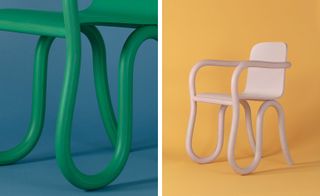 Two side-by-side photos of 'Kolho' chairs with curved legs by Matthew Day Jackson - The first photo is a close up of a green chair against a blue background. And the second photo offers a full view of a pink chair against an orange background