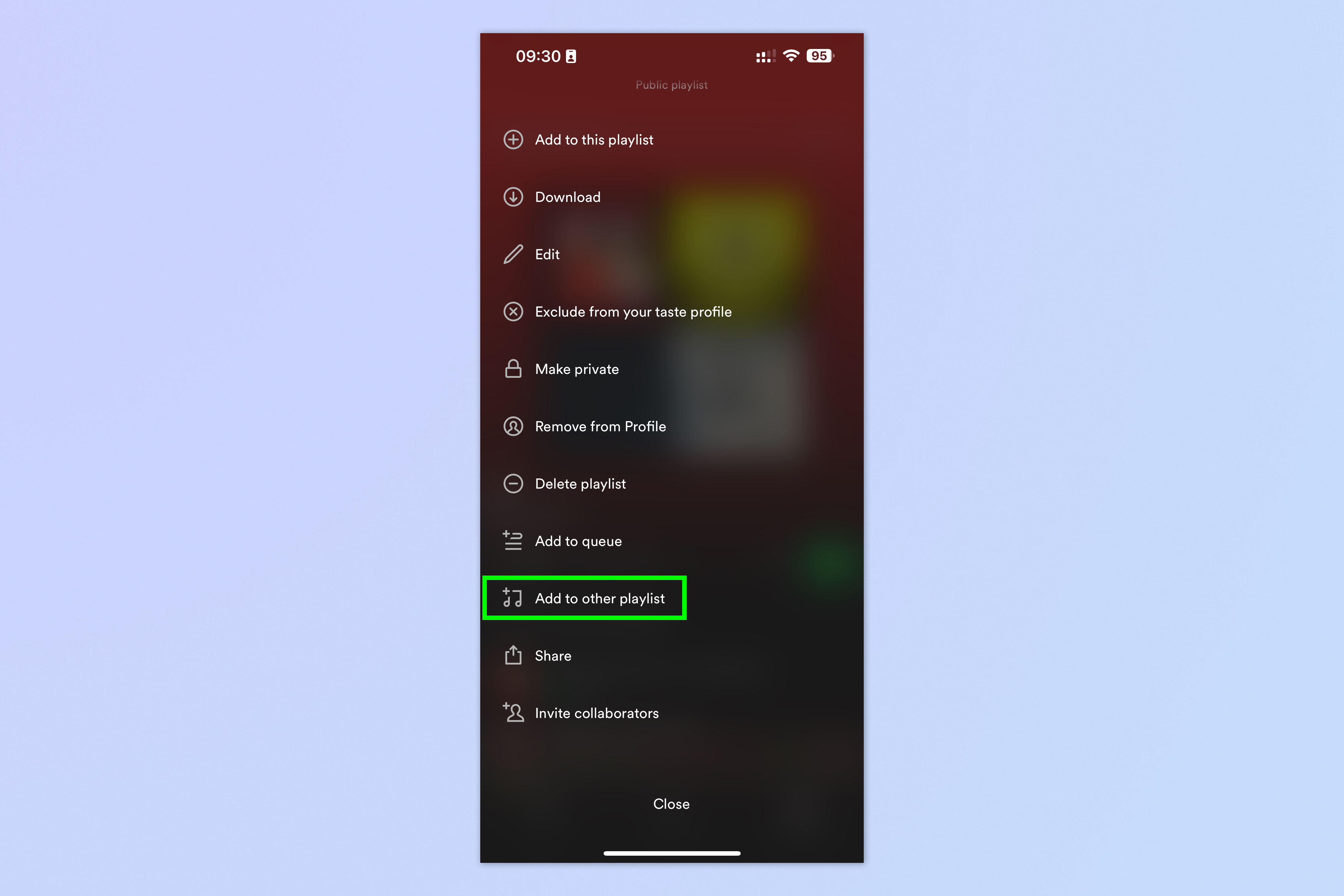 Скриншот, показывающий, как объединить плейлисты в Spotify