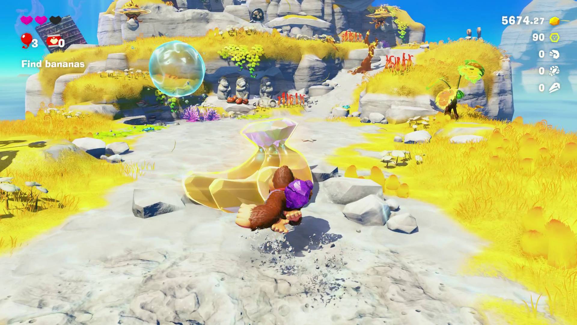 Donkey Kong Bananza Bananas DK about to punch a bunch of three Banandium Gems
