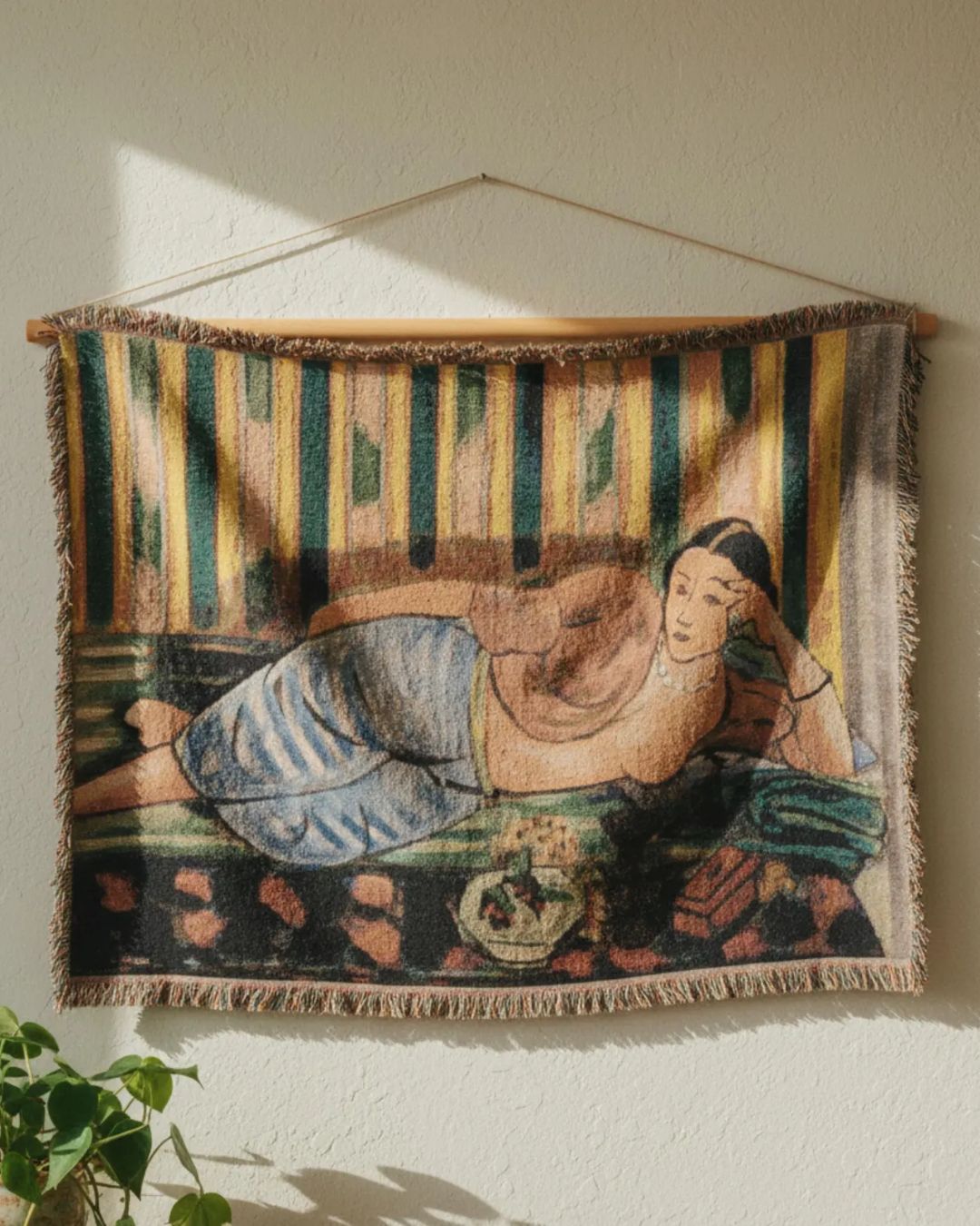 Bohemian Modern Woven Tapestry Wall Hanging Figurative Wall Art Vintage European Textile Home Decor Statement Piece in sunlit living room.