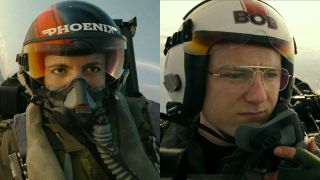 Monica Barbaro and Lewis Pullman seated in their jet, side by side, in Top Gun: Maverick.