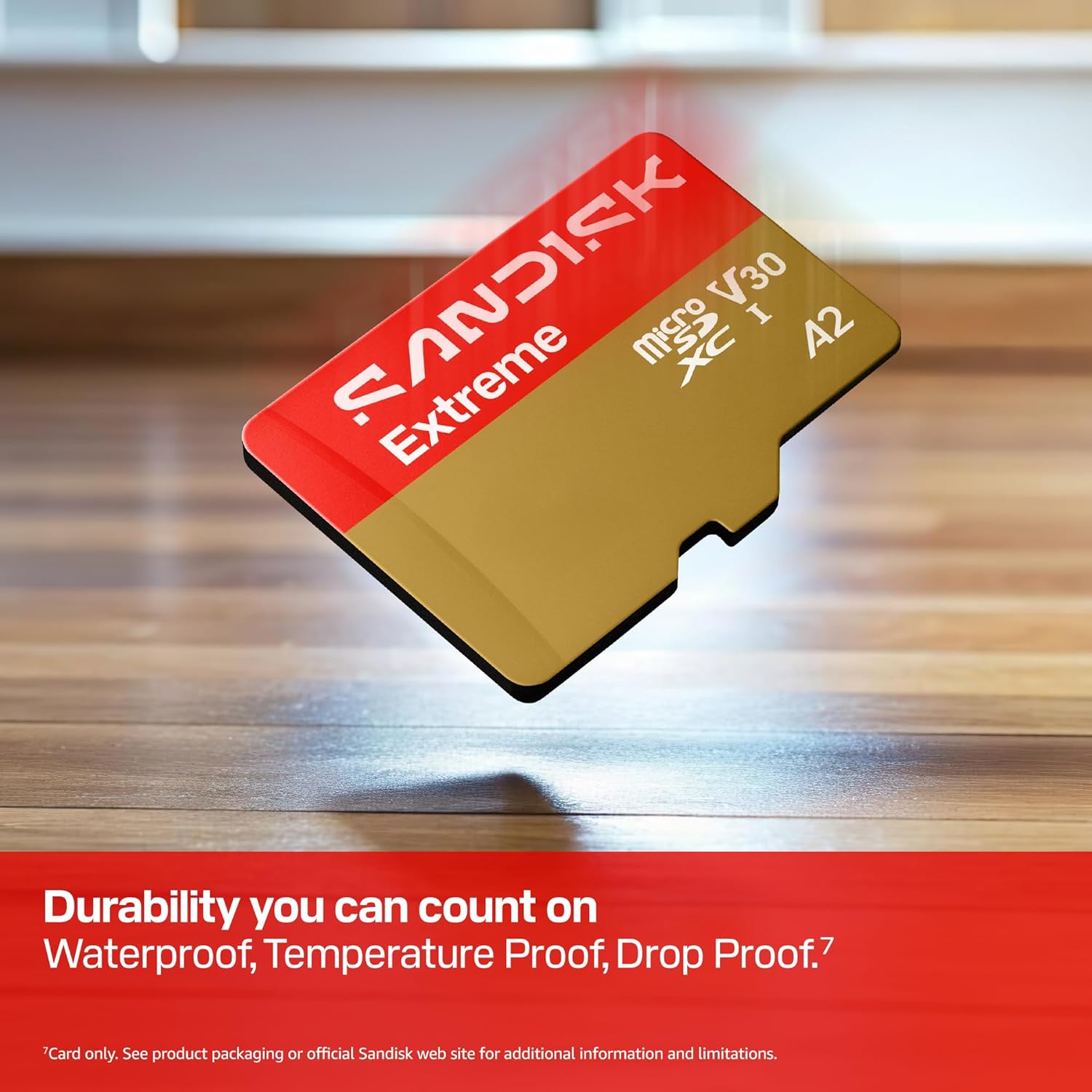 Image of a SanDisk Extreme microSD card hovering midair on a wooden surface, emphasizing durability with text highlighting it as waterproof, temperature-proof, and drop-proof.