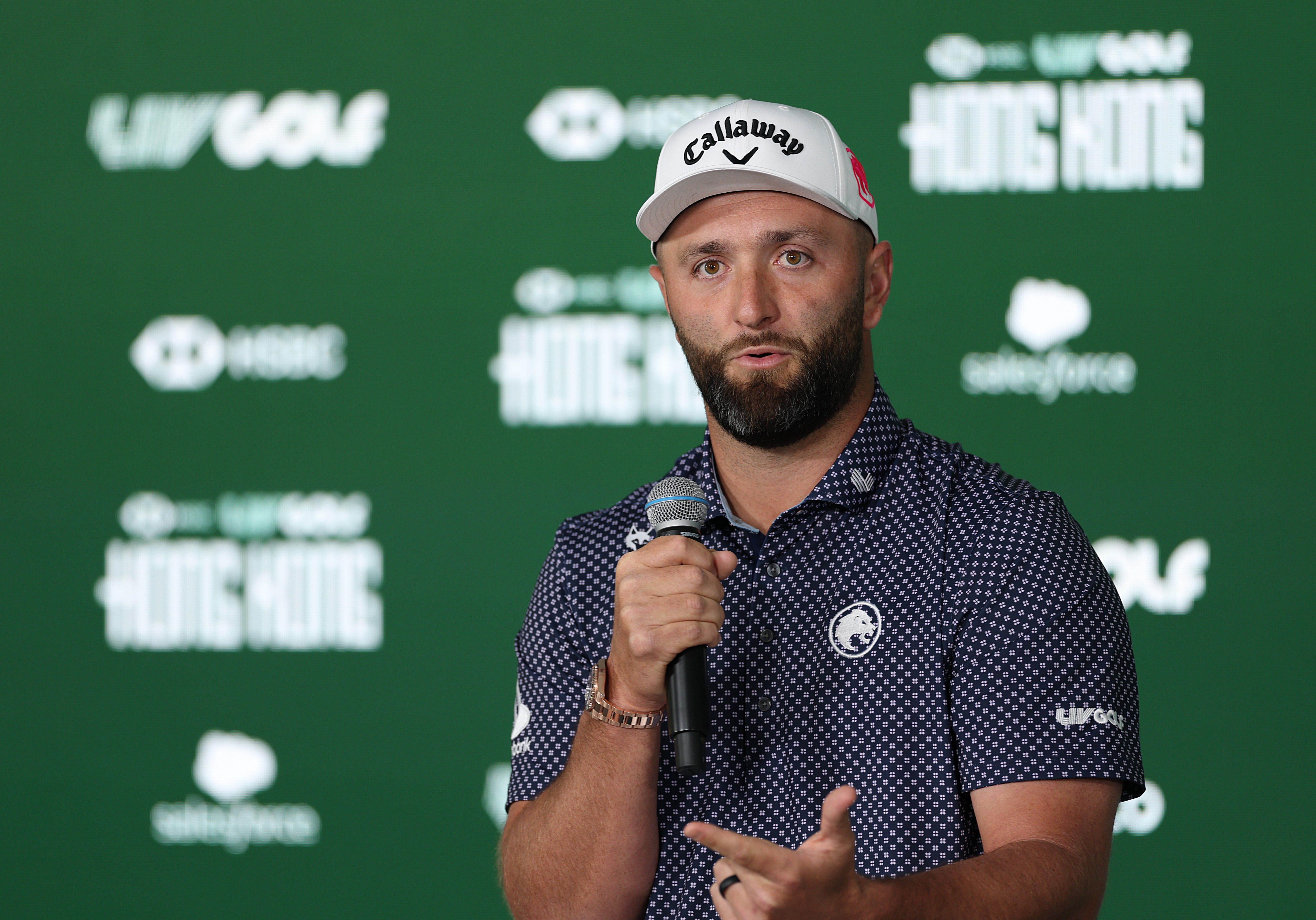 Jon Rahm speaks during his pre-LIV Golf Hong Kong press conference in 2026