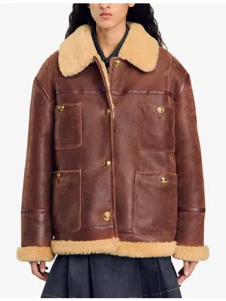 Shearling-Trim Patch-Pocket Sheepskin Jacket