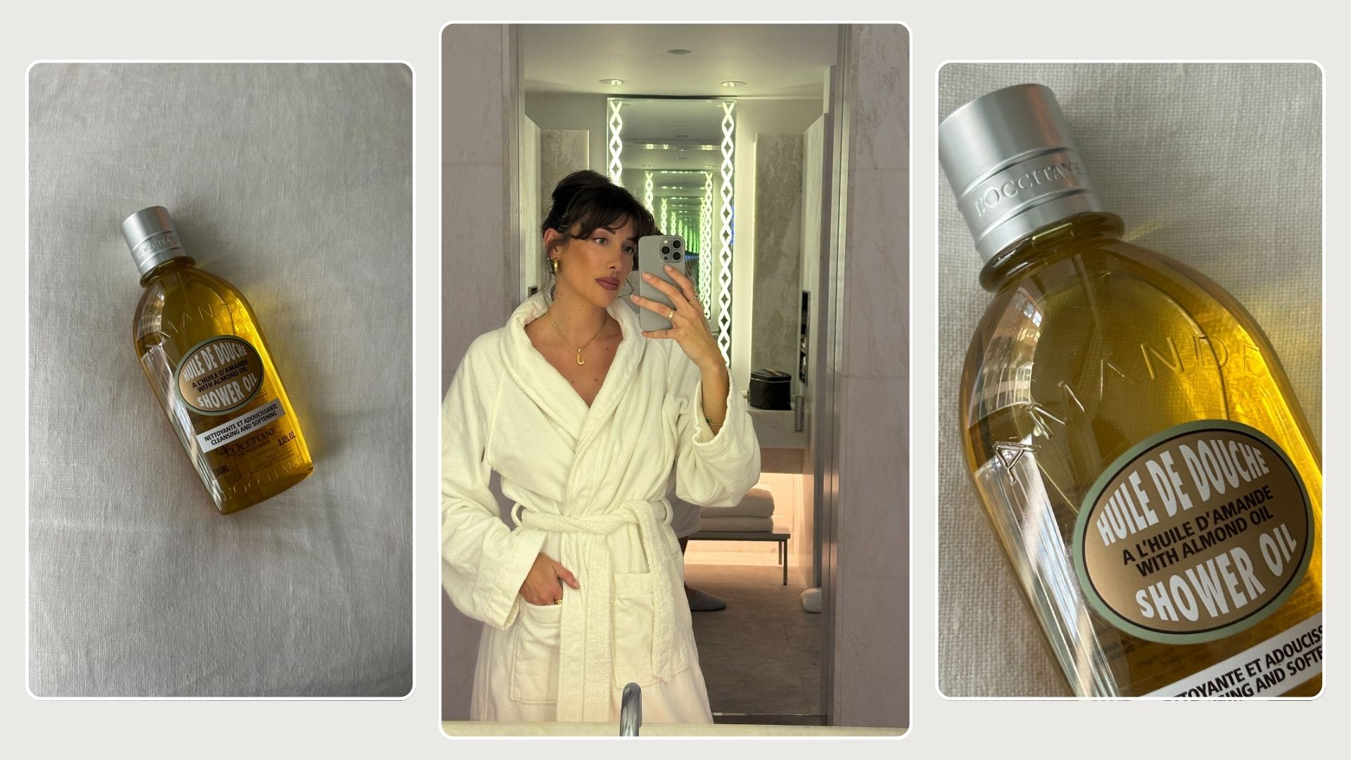 A woman taking a mirror selfie in the bathroom wearing a white robe and two pictures of the L'Occitane Almond Shower Oil