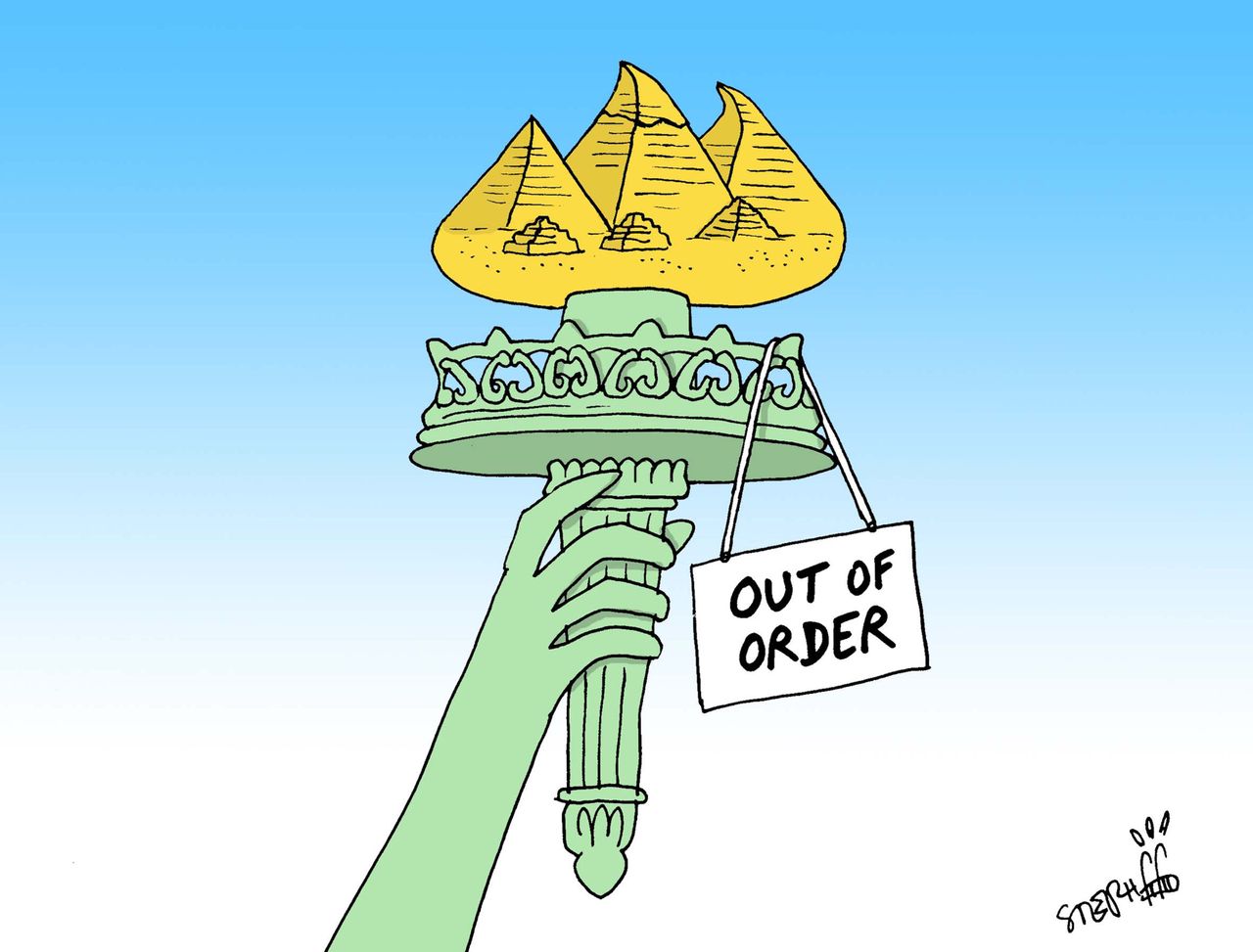 Political cartoon U.S. out of order Statue of Liberty