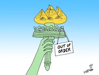 Political cartoon U.S. out of order Statue of Liberty