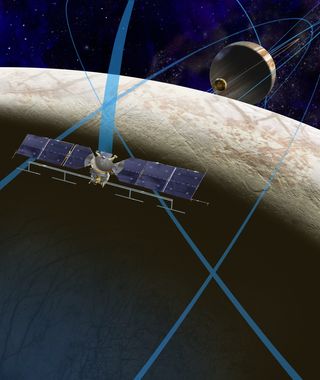 An artist's illustration shows a concept for a future NASA mission to Europa, Jupiter's moon.