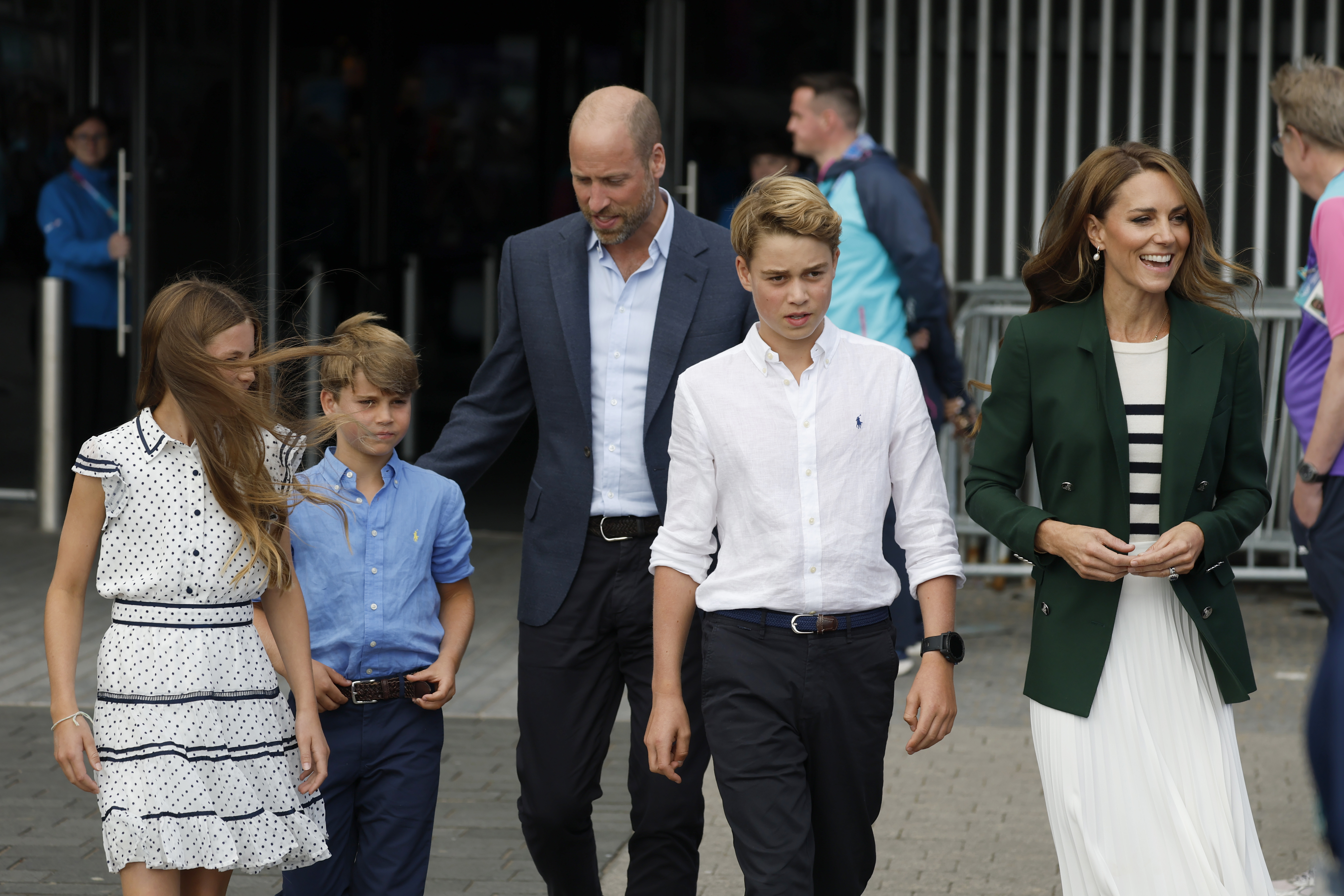 Prince William and Princess Kate with Prince George, Princess Charlotte and Prince Louis arrive for the Glasgow 2026 Commonwealth Games at The Hydro on August 1, 2026 in Glasgow, Scotland