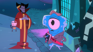 a cartoon style man in a red robe next to an alien with one eye