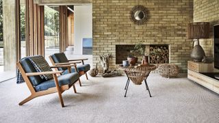 cream carpet in mid century modern living room