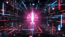 An illustration of a glowing pink brain over a series of colorful red and blue circuits.