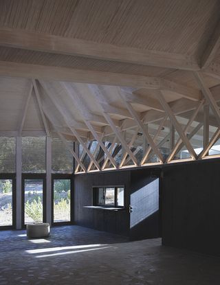 interior of exposed timber roof structure in chilean school