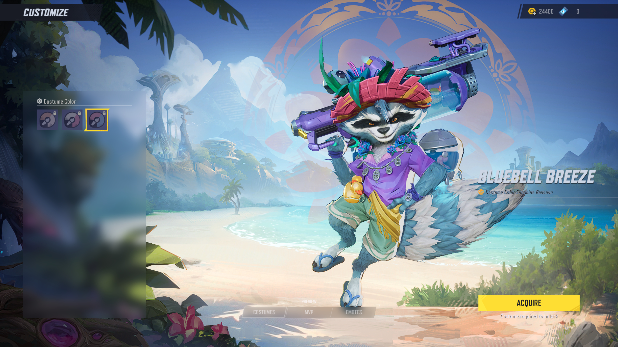 Marvel Rivals costume customisation: The Bluebell Breeze colour for Rocket Raccoon.