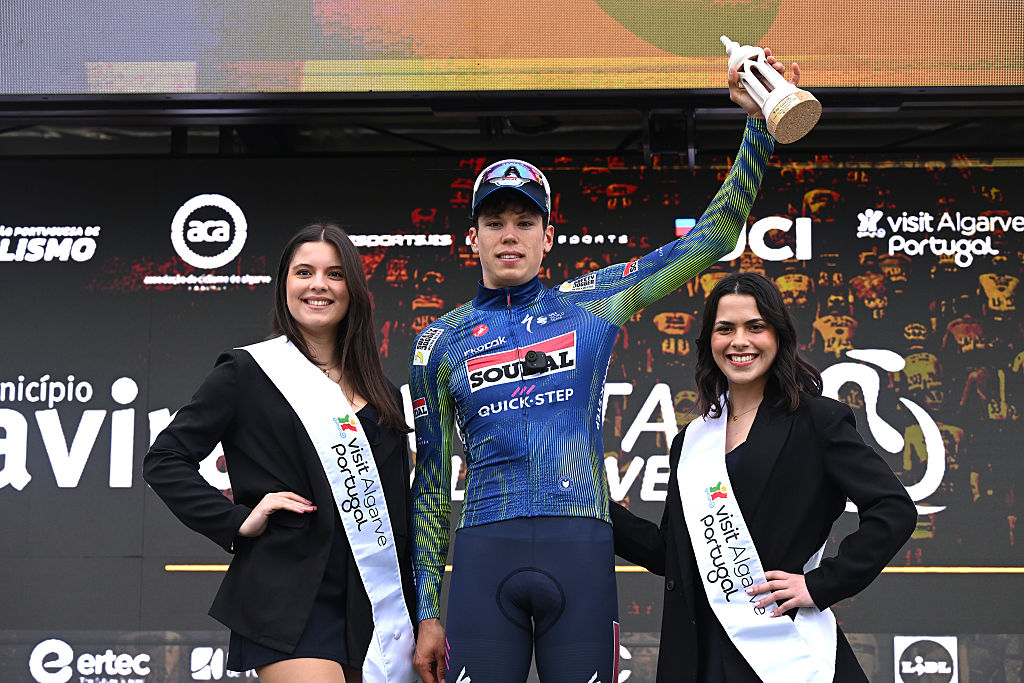 TAVIRA, PORTUGAL - FEBRUARY 18: Paul Magnier of France and Team Soudal Quick-Step celebrates at podium as stage winner during the 52nd Volta ao Algarve em Bicicleta 2026 - Stage 1 a 183.5km stage from Vila Real de Santo Antonio to Tavira on February 18, 2026 in Tavira, Portugal. (Photo by Dario Belingheri/Getty Images)