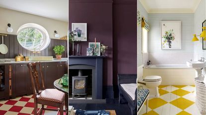 brown kitchen, purple living room, yellow bathroom