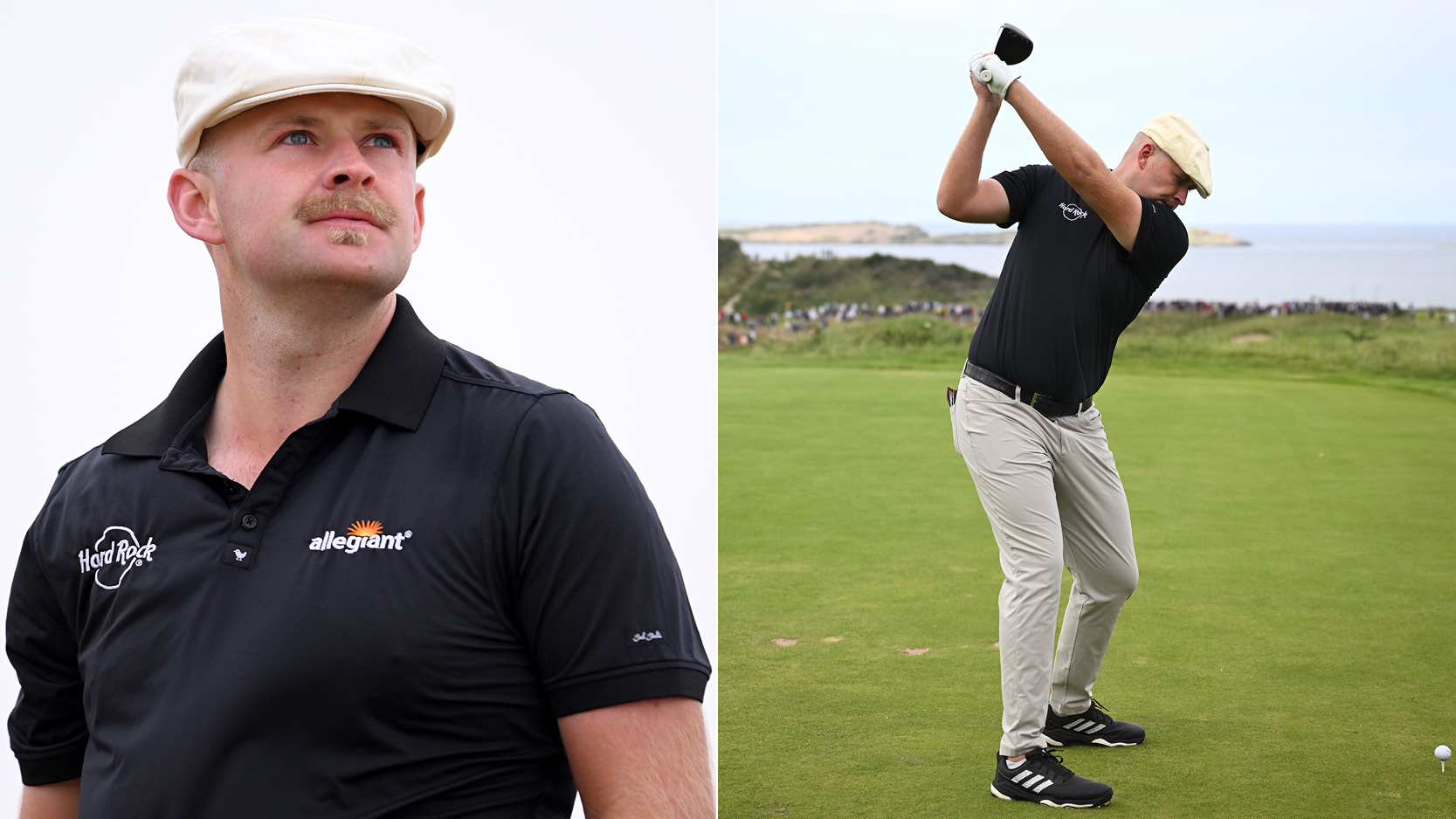 Harry Hall stares into the distance while swinging a golf club