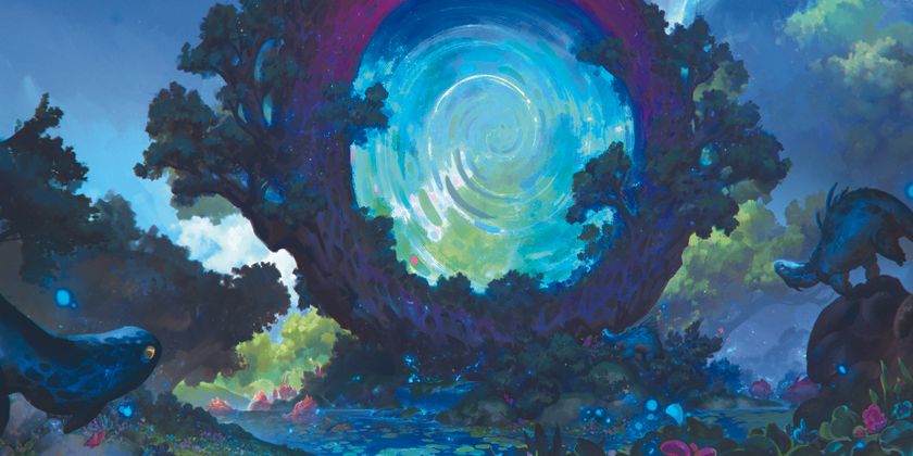 Digital art showing a fantasy forest with a magic portal