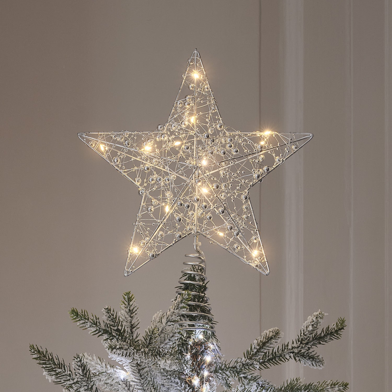 Beaded Silver Star Micro Led Christmas Tree Topper