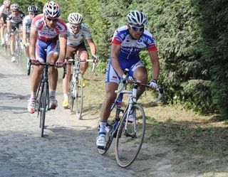 Zdenek Stybar (Quickstep) goes to the front on the cobbles