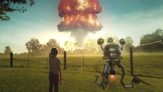 Kid and robot watching nuclear bomb go off