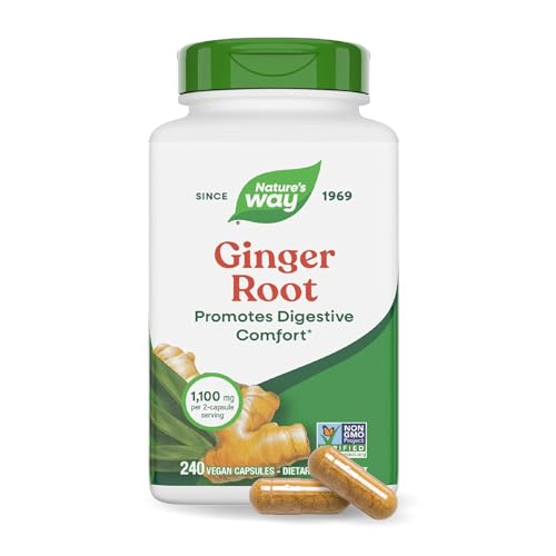 Nature#039;s Way Ginger Root Capsules, 1100 Mg Per 2-Capsule Serving Ginger Supplement for Digestive Comfort and Motion-Related Nausea Support*, Vegan, Non-Gmo Project Verified, 240 Count