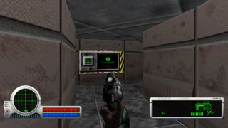 The player character points their magnum down a hallway in Classic Marathon.