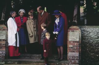 Princess Margaret, Peter Phillips, Prince Philip, Duke of Edinburgh, Prince William, Prince Harry and Diana, Princess of Wales attend the Christmas Day church service