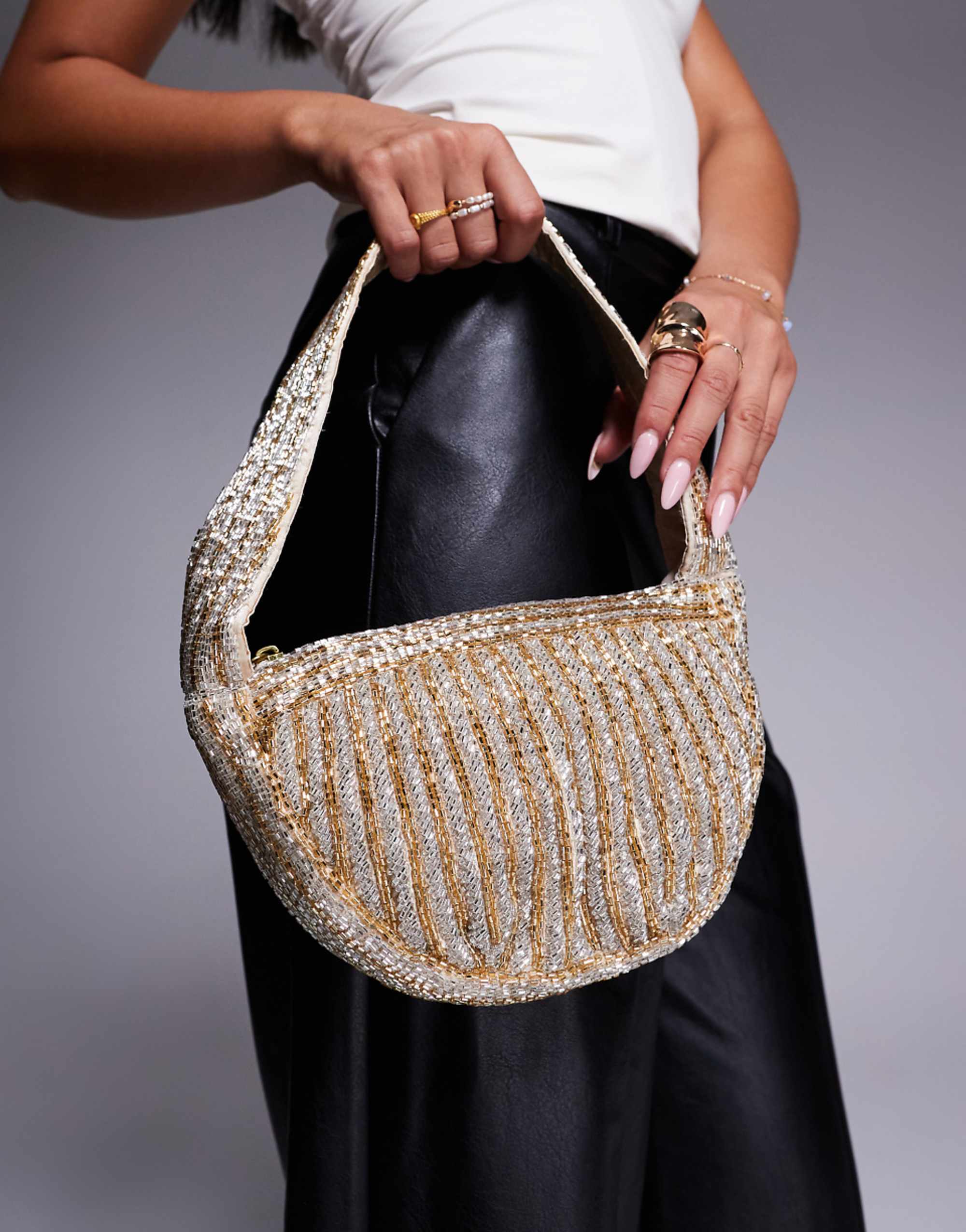 True Decadence Beaded Detail Shoulder Bag in Silver/gold