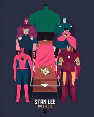 Marvel heroes carrying Stan Lee's coffin
