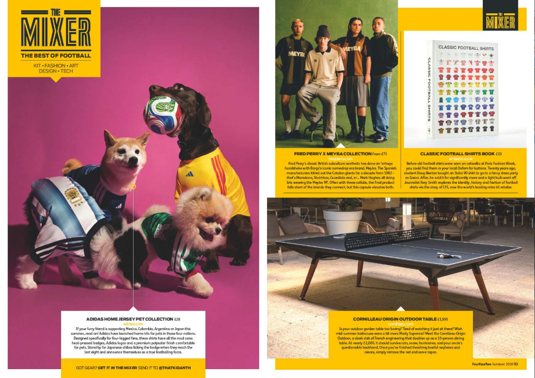 The Mixer pages from FourFourTwo magazine issue 392 featuring dogs in football shirts, books, table tennis tables and football shirts