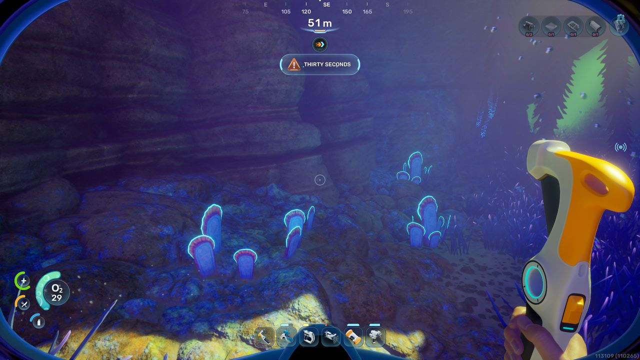 Subnautica 2 fibrous pulp: A player looking at macaron sponge plants on the seabed.