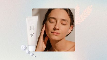 A woman's face and neck, with brown hair, a clean face and her hand touching her jawline, next to an image of beauty of Joseon SPF50 and some little droplets of cream, plus an illustration of a pink leaf