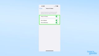 A screenshot of the iOS 16.2 Settings app, showing the always-on display menu