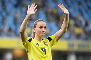 Kosovare Asllani of Sweden acknowledges the fans after the draw in the UEFA Women's EURO 2025 qualifying match between Sweden and England at Gamla Ullevi on July 16, 2024 in Gothenburg, Sweden.