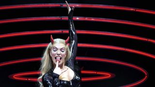 Hannah Waddingham in costume as Satan on-stage in Tonight's the Night in 2003.